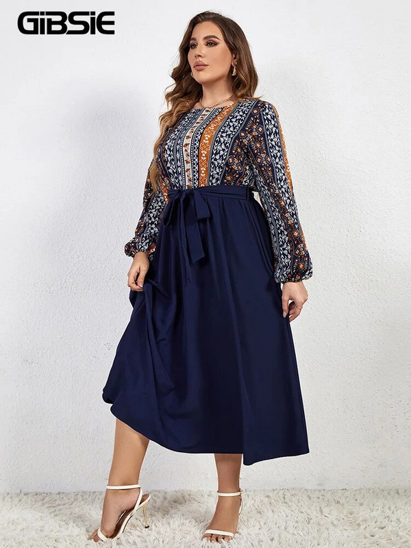 GIBSIE Nagy méretű, kerek nyakú foltmintás nyomtatási öves ruha tavaszi őszi lámpás ujjú elegáns A-vonalú női hosszú ruhák 2023 új