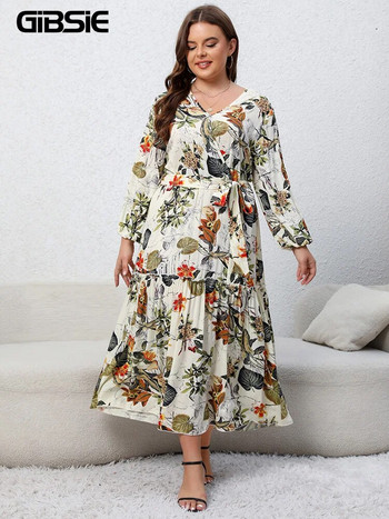 GIBSIE Plus Size Γυναικείο Floral print ζωσμένο φόρεμα Άνοιξη Φθινόπωρο διακοπές casual μακρυμάνικο V λαιμόκοψη Γυναικεία φαρδιά Boho Maxi φορέματα