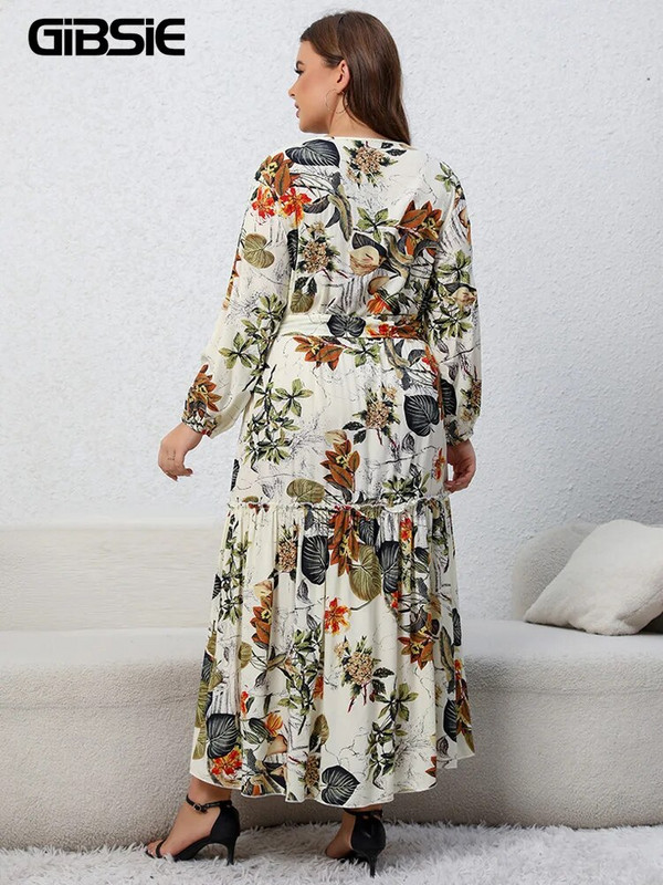 GIBSIE Ženska haljina s remenom s cvjetnim uzorkom, velika veličina, proljeće, jesen, ležerna ležerna haljina s V izrezom, dugih rukava, ženske široke boho maksi haljine