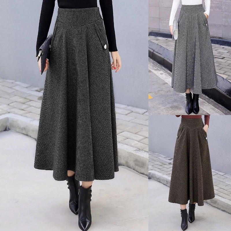 Office Lady magas derekú hosszú maxi szoknya női kockás, vékony, vonalas Tweed midi szoknyák, nagy méretű női cipzáras szoknya zsebbel