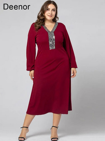 Deenor Plus Size Φόρεμα Ιδιοσυγκρασίας Μακρυμάνικο V-λαιμόκοψη Φόρεμα με μεγάλη κούνια Κόκκινο Κομψό Γυναικείο Φόρεμα Γραφείου μόδας