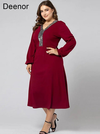 Deenor Plus Size Φόρεμα Ιδιοσυγκρασίας Μακρυμάνικο V-λαιμόκοψη Φόρεμα με μεγάλη κούνια Κόκκινο Κομψό Γυναικείο Φόρεμα Γραφείου μόδας