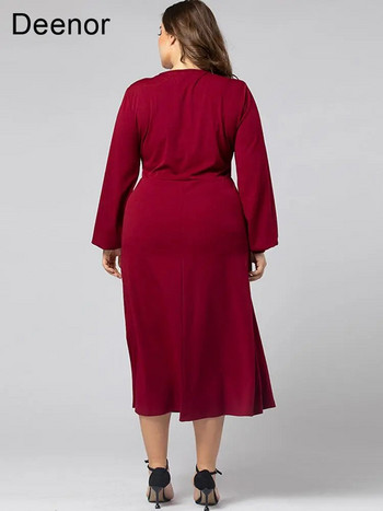 Deenor Големи размери Рокля Темперамент с дълъг ръкав V-образно деколте Голяма люлееща се рокля Червена елегантна модна офис дамска рокля