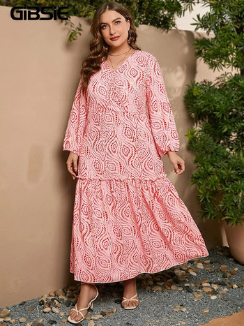GIBSIE Plus Size Gold Print Φόρεμα με V-λαιμόκοψη μακρυμάνικο ζωσμένο Bohemian Vacual Women Casual Άνοιξη Φθινόπωρο Maxi φόρεμα 2023