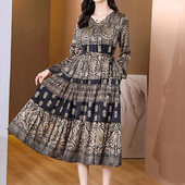 Satenska završna obrada Proljeće Jesen V-izrez Geometrijski print široka uredska ženska odjeća dugih rukava Crna haljina srednje dužine