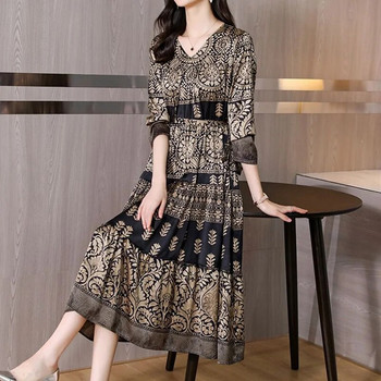 Сатенено покритие Пролет Есен Геометричен принт с V-образно деколте Свободно дамско офис дамско облекло с дълъг ръкав Черна рокля със средна дължина