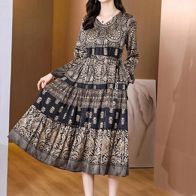 Satenska završna obrada Proljeće Jesen V-izrez Geometrijski print široka uredska ženska odjeća dugih rukava Crna haljina srednje dužine