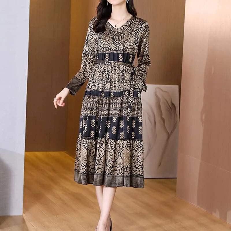 Satenska završna obrada Proljeće Jesen V-izrez Geometrijski print široka uredska ženska odjeća dugih rukava Crna haljina srednje dužine