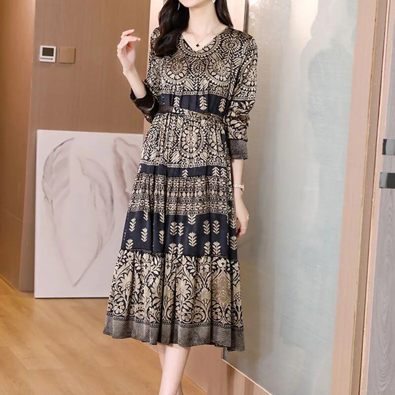 Satenska završna obrada Proljeće Jesen V-izrez Geometrijski print široka uredska ženska odjeća dugih rukava Crna haljina srednje dužine