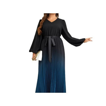 Πλισέ γυναικείο φόρεμα V Ζώνη με λαιμόκοψη μακριά μανίκια Φθινοπωρινή ρόμπα Sprimg ντεγκραντέ μέση Γυναικεία ρούχα με κορδόνια