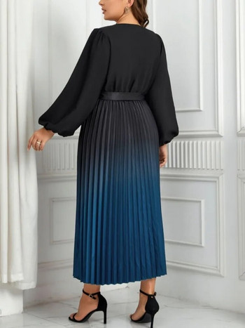 Πλισέ γυναικείο φόρεμα V Ζώνη με λαιμόκοψη μακριά μανίκια Φθινοπωρινή ρόμπα Sprimg ντεγκραντέ μέση Γυναικεία ρούχα με κορδόνια