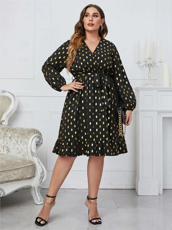 Καλοκαιρινό μίντι γυναικείο φόρεμα πουά με πλισέ μακρυμάνικο casual γυναικεία φορέματα Φαρδιά μόδα γυναικείο φόρεμα 2023