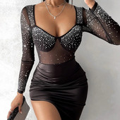 2024. Jesen Zima Nova ženska haljina dugih rukava s vrućim šavovima od štrasa, seksi