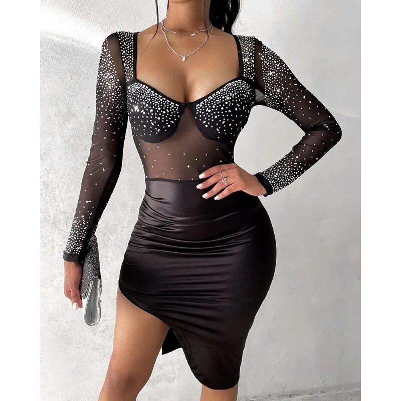 2024. Jesen Zima Nova ženska haljina dugih rukava s vrućim šavovima od štrasa, seksi