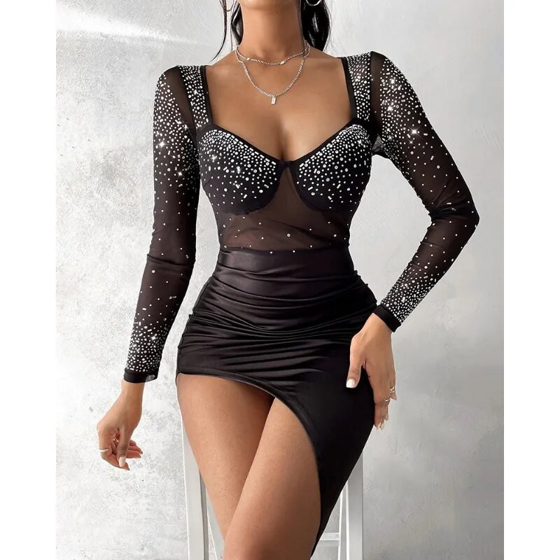 2024. Jesen Zima Nova ženska haljina dugih rukava s vrućim šavovima od štrasa, seksi