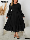 GIBSIE Plus Size 2023 Φθινόπωρο, Χειμερινό μακρυμάνικο μάξι φόρεμα για γυναίκες Casual με λαιμόκοψη, μαύρα κομψά φορέματα πάρτι με βολάν