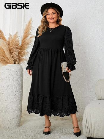 GIBSIE Плюс размер 2023 Есен Зима Макси рокля с дълъг ръкав за жени Ежедневни черни парти рокли с О-образно деколте и висока талия с волани