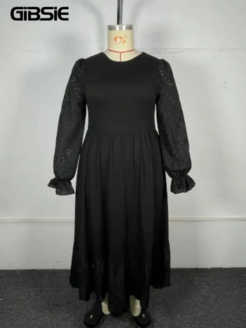 GIBSIE Плюс размер 2023 Есен Зима Макси рокля с дълъг ръкав за жени Ежедневни черни парти рокли с О-образно деколте и висока талия с волани