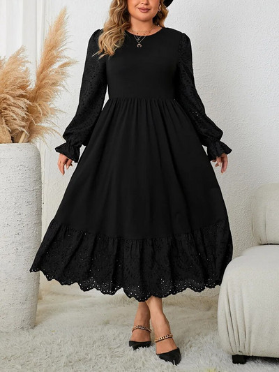 GIBSIE Plus Size 2023 Φθινόπωρο, Χειμερινό μακρυμάνικο μάξι φόρεμα για γυναίκες Casual με λαιμόκοψη, μαύρα κομψά φορέματα πάρτι με βολάν