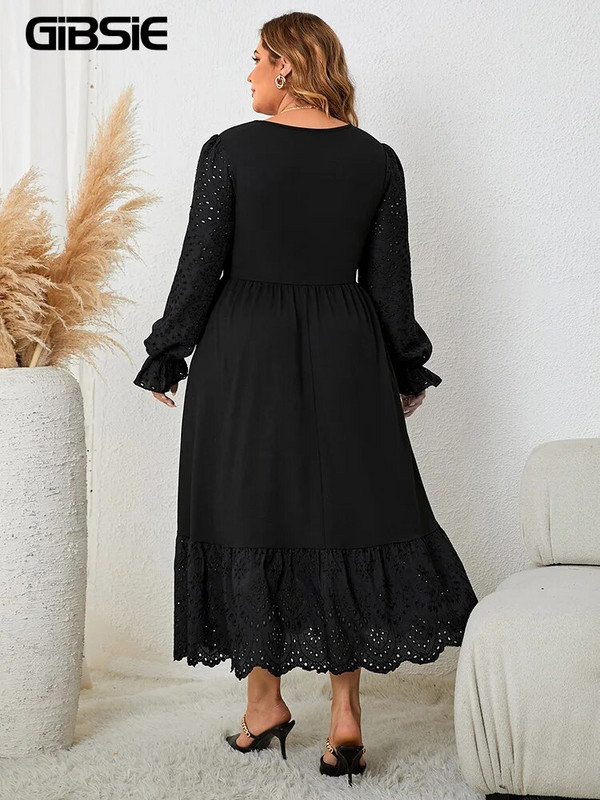 GIBSIE Plus Size 2023 Φθινόπωρο, Χειμερινό μακρυμάνικο μάξι φόρεμα για γυναίκες Casual με λαιμόκοψη, μαύρα κομψά φορέματα πάρτι με βολάν