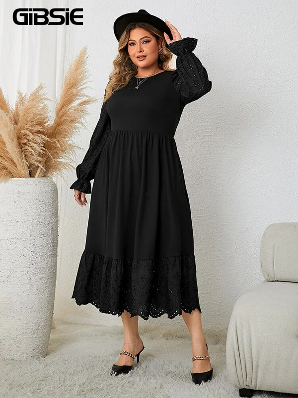 GIBSIE Plus Size 2023 Φθινόπωρο, Χειμερινό μακρυμάνικο μάξι φόρεμα για γυναίκες Casual με λαιμόκοψη, μαύρα κομψά φορέματα πάρτι με βολάν