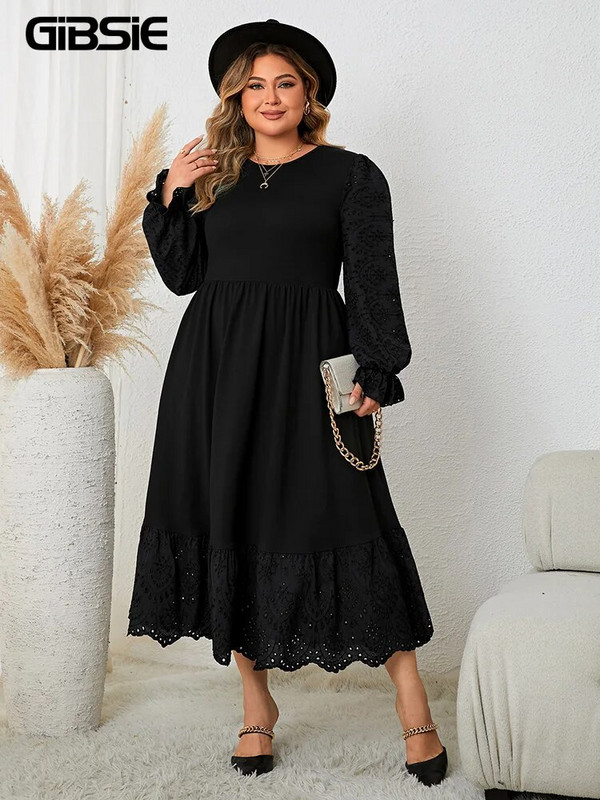 GIBSIE Plus Size 2023 Φθινόπωρο, Χειμερινό μακρυμάνικο μάξι φόρεμα για γυναίκες Casual με λαιμόκοψη, μαύρα κομψά φορέματα πάρτι με βολάν