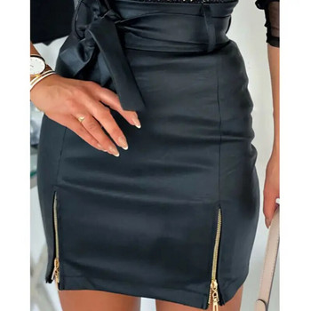 Модна дамска пола Мини тънка пола с висока талия Сплит офис дамска полиуретанова кожена пола с молив по тялото