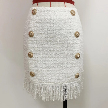 HIGH STREET Най-новата есенно-зимна барокова дизайнерска пола за 2024 г. Дамска пола от туид с пискюли и копчета с ресни от вълна