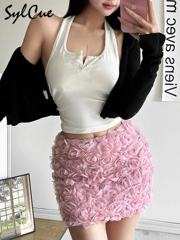 Sylcue Pink Rose Sweet Cute Gentle Youth Girl Sexy All-match Tight Hot High Street Fashion Cool Women Pencil Skirt