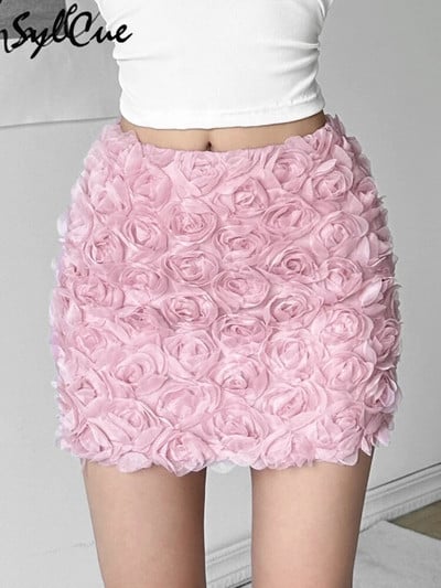 Sylcue Pink Rose Sweet Cute Gentle Youth Girl Sexy All-match Tight Hot High Street Fashion Cool Women Pencil Skirt