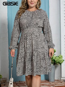 GIBSIE Plus Size Boho Print hétköznapi elasztikus derékruha 2024 tavaszi új női hosszú ujjú O-nyakú, fodros szegélyű mini A-vonalú ruhák