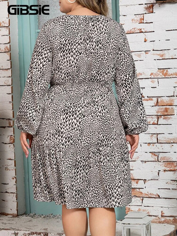 GIBSIE Plus Size Boho Print Casual φόρεμα με ελαστική μέση άνοιξη 2024 Νέο γυναικείο μακρυμάνικο με λαιμόκοψη Μίνι φορέματα σε γραμμή Α