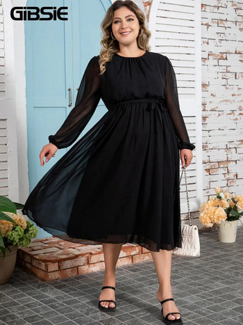 GIBSIE Plus Size Διαφανές φανάρι σιφόν φόρεμα Μαύρο Κομψό για πάρτι γραφείου μακριά φορέματα με ζώνη σε O-λαιμόκοψη