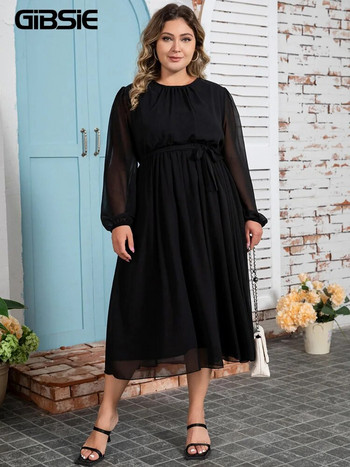 GIBSIE Plus Size Διαφανές φανάρι σιφόν φόρεμα Μαύρο Κομψό για πάρτι γραφείου μακριά φορέματα με ζώνη σε O-λαιμόκοψη