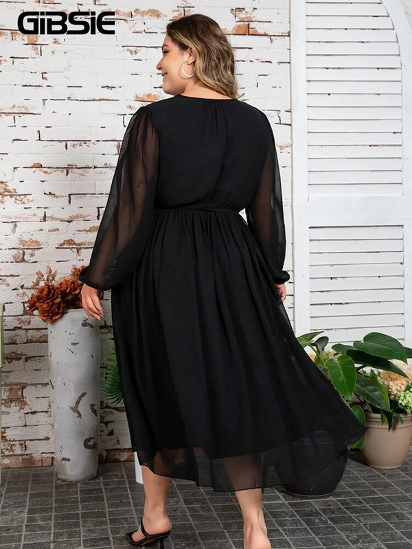 GIBSIE Plus Size Διαφανές φανάρι σιφόν φόρεμα Μαύρο Κομψό για πάρτι γραφείου μακριά φορέματα με ζώνη σε O-λαιμόκοψη