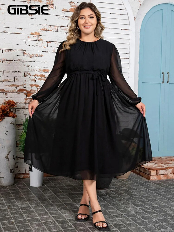 GIBSIE Plus Size Διαφανές φανάρι σιφόν φόρεμα Μαύρο Κομψό για πάρτι γραφείου μακριά φορέματα με ζώνη σε O-λαιμόκοψη