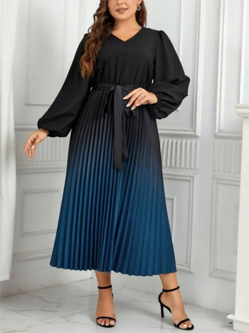 Μίντι φθινοπωρινό φόρεμα σε συνθετικό μέγεθος Γυναικεία μακρυμάνικη γραβάτα μόδας με πλισέ γυναικεία φορέματα Casual φαρδύ γυναικείο φόρεμα με λαιμόκοψη 2023