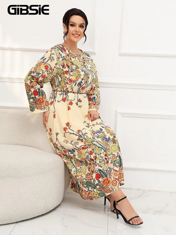 GIBSIE Plus Size Floral στάμπα Γυναικείο φόρεμα Maxi με ζώνη 2023 Φθινόπωρο Νέο Vintage μακρυμάνικο με λαιμόκοψη casual χαλαρά Boho φορέματα