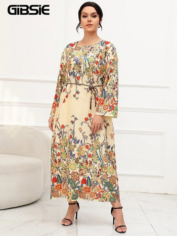 GIBSIE Plus Size Floral στάμπα Γυναικείο φόρεμα Maxi με ζώνη 2023 Φθινόπωρο Νέο Vintage μακρυμάνικο με λαιμόκοψη casual χαλαρά Boho φορέματα