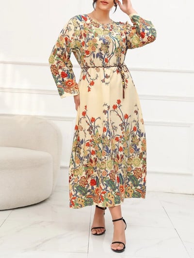 GIBSIE suures suuruses lillemustriga vööga maksikleit naistele 2023. aasta sügis, uus vintage pikkade varrukatega O-kaelusega vabaaja Boho kleidid