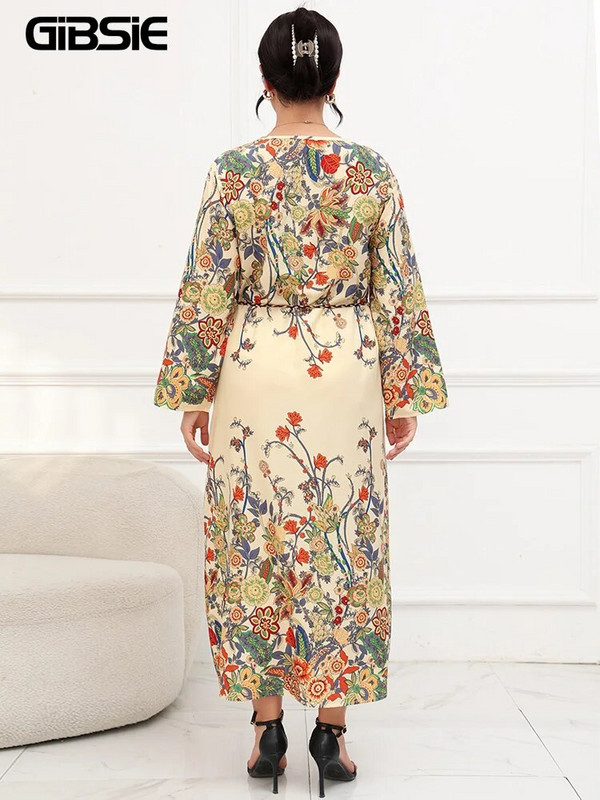 GIBSIE suures suuruses lillemustriga vööga maksikleit naistele 2023. aasta sügis, uus vintage pikkade varrukatega O-kaelusega vabaaja Boho kleidid