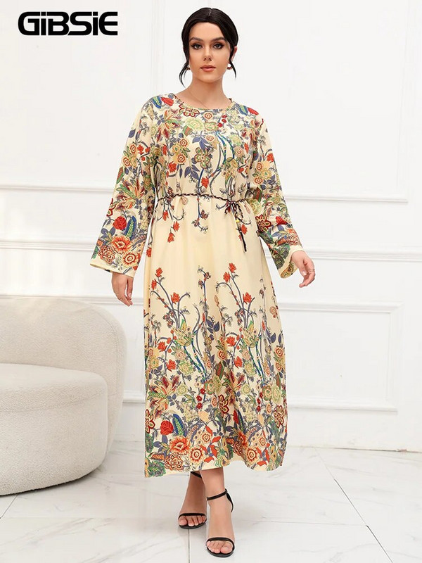 GIBSIE suures suuruses lillemustriga vööga maksikleit naistele 2023. aasta sügis, uus vintage pikkade varrukatega O-kaelusega vabaaja Boho kleidid