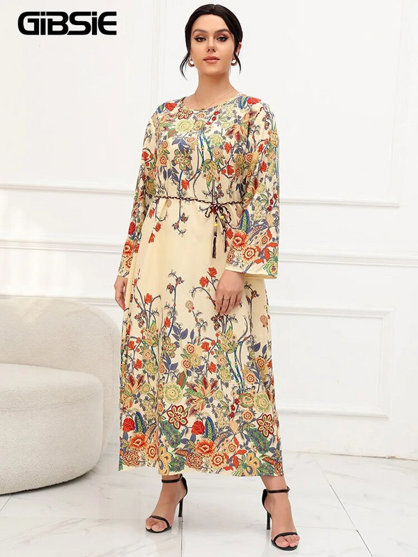 GIBSIE suures suuruses lillemustriga vööga maksikleit naistele 2023. aasta sügis, uus vintage pikkade varrukatega O-kaelusega vabaaja Boho kleidid