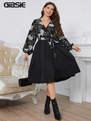 GIBSIE Plus Size Surplice λαιμόκοψη Floral Print Midi Φορέματα A-Line Άνοιξη Φθινόπωρο ψηλόμεσο μακρυμάνικο Γυναικείο casual φόρεμα με ζώνη