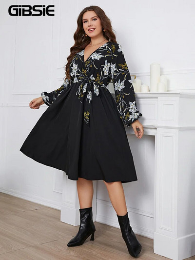 GIBSIE Plus Size Surplice λαιμόκοψη Floral Print Midi Φορέματα A-Line Άνοιξη Φθινόπωρο ψηλόμεσο μακρυμάνικο Γυναικείο casual φόρεμα με ζώνη