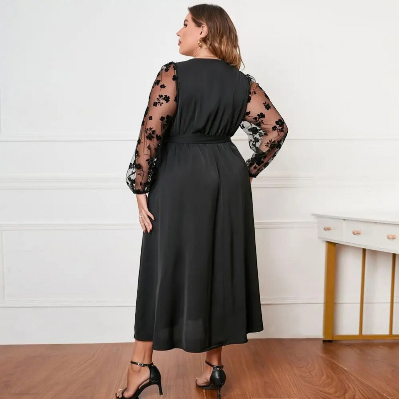 Φόρεμα με περιτύλιγμα με ζώνη Κομψό Midi φόρεμα με κέντημα με λαιμόκοψη σε V λαιμόκοψη με μακρυμάνικη ζώνη για γυναίκες