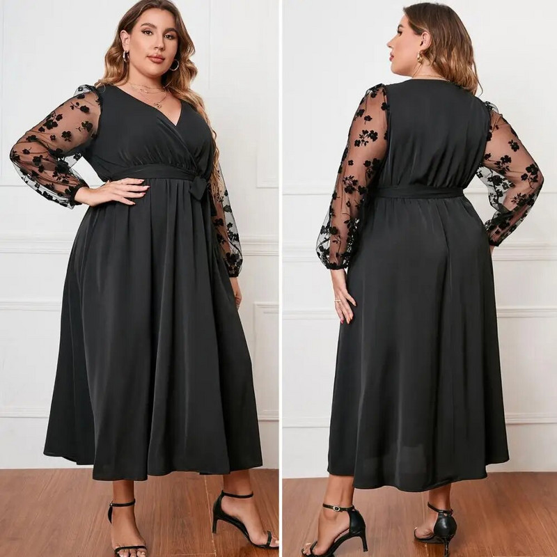 Φόρεμα με περιτύλιγμα με ζώνη Κομψό Midi φόρεμα με κέντημα με λαιμόκοψη σε V λαιμόκοψη με μακρυμάνικη ζώνη για γυναίκες