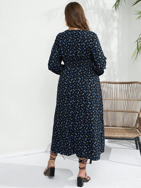 Alkalmi, plusz méretű, hosszú női ruha, magas derekú fekete kék virágos boho nyári strandruha V nyakú szexi hosszú ujjú ruhák női