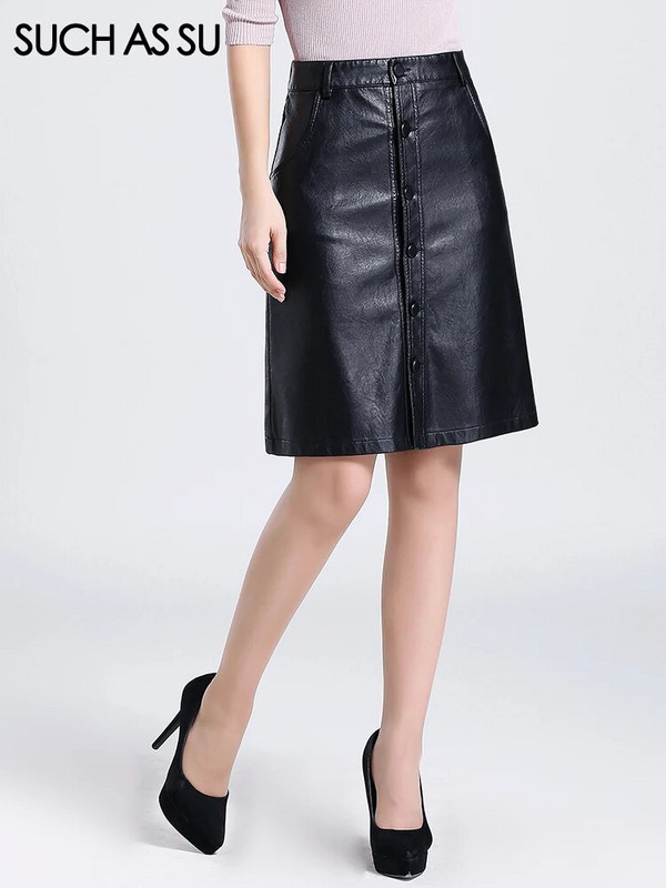 SUCH AS SU za cijelu sezonu 2023. Ženska suknja od PU kože do koljena SML XL XXL XXXL 4XL Ženska crna suknja s jednim kopčanjem veće veličine