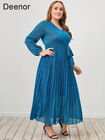 Рокля с голям размер Deenor Синя дълга елегантна рокля с V-образно деколте Модна дълга рокля Елегантни офис дамски рокли Drop Shipping